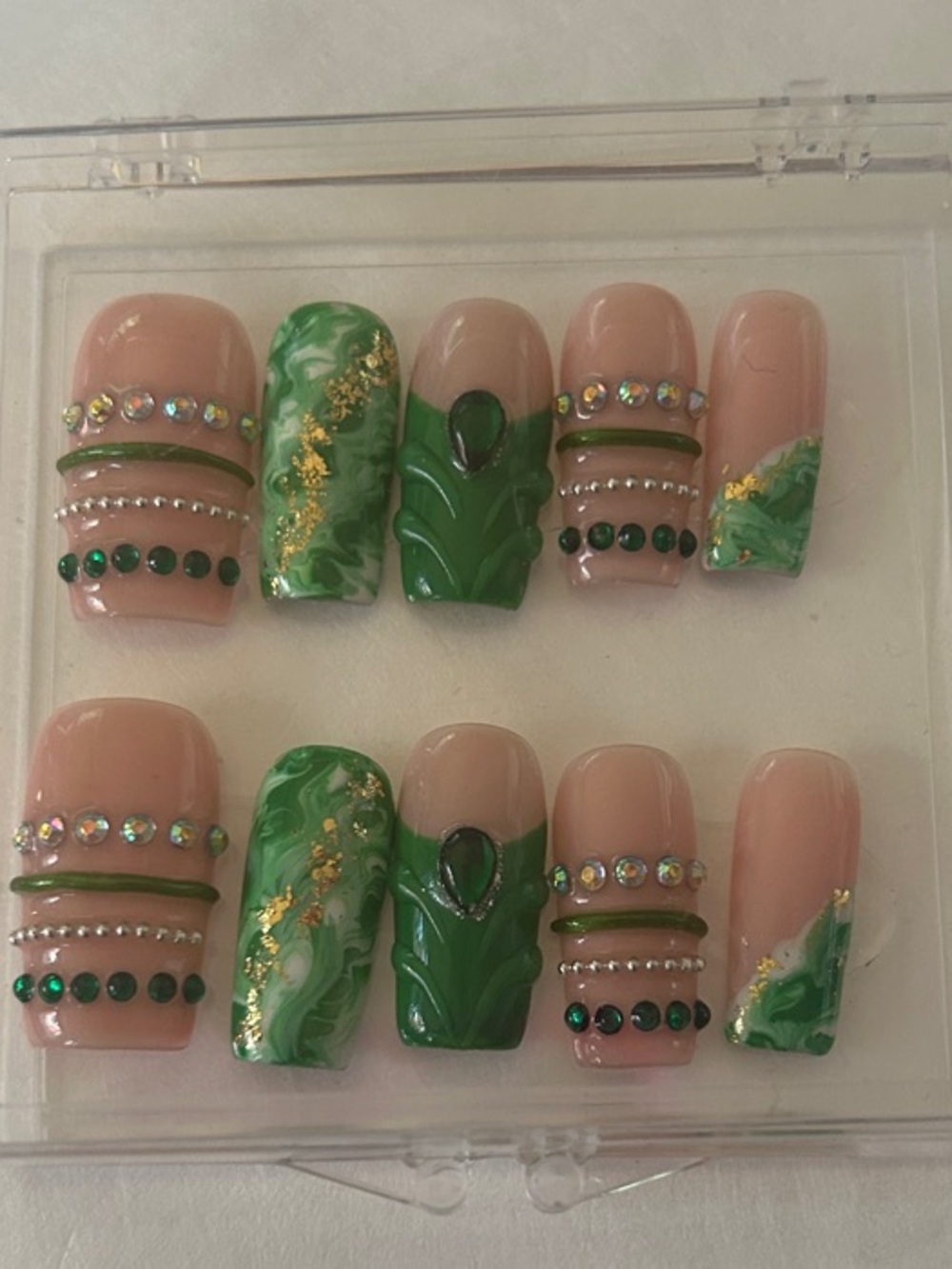 Nude & Green Marble Press-On Nail Set with Rhinestones